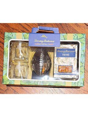 Tommy Bahama Gameday Football Shaker Kit w/ Lowball Glasses & Pub Mix 4oz